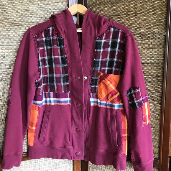 Upcycled Patchwork Hoodie, Size M: Magenta Boho Snap Front Jacket, Campus Grunge - Picture 13 of 17